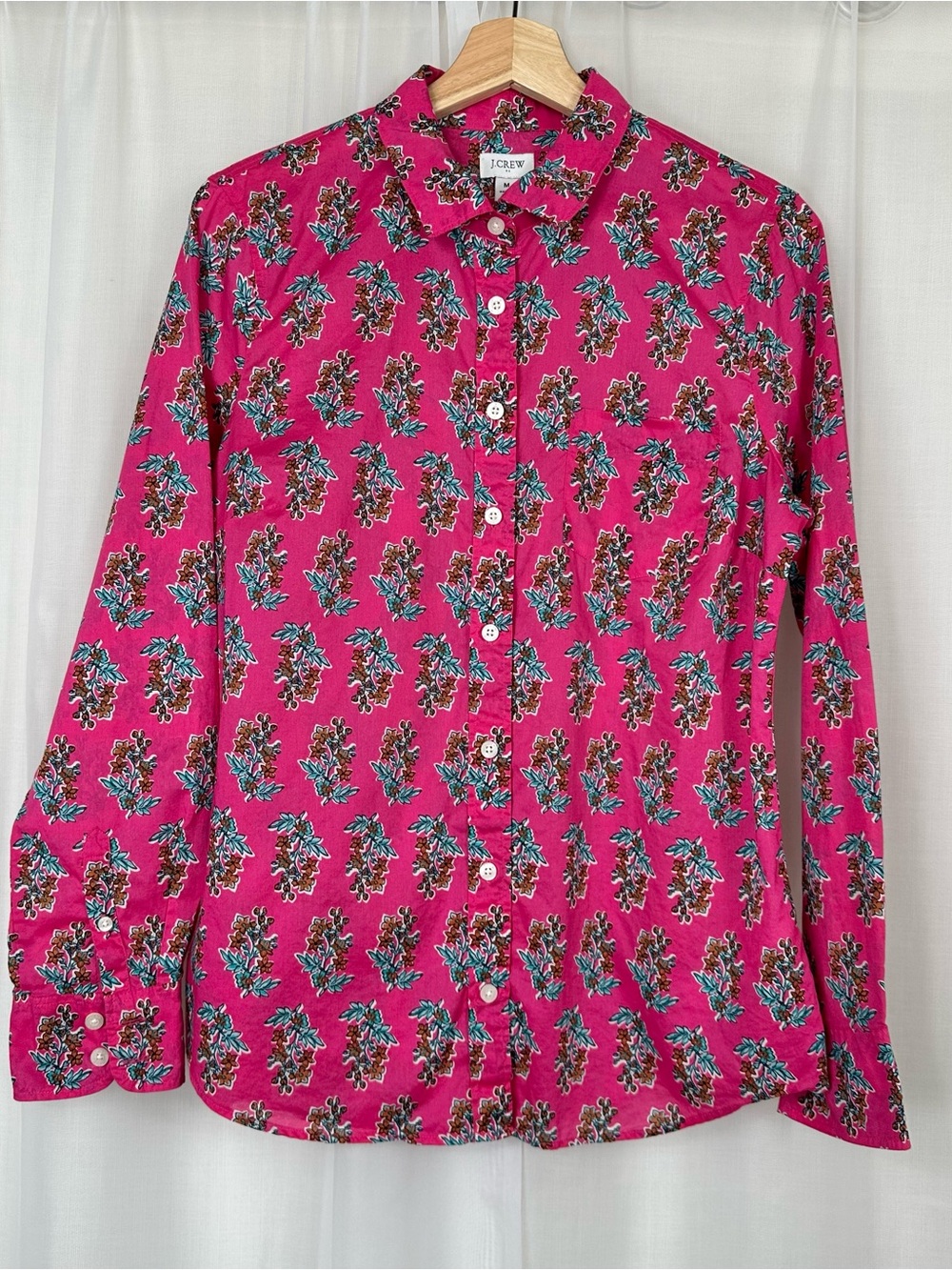J Crew Factory Floral Block Print Button Up Shirt Size M Pink Lightweight Cotton